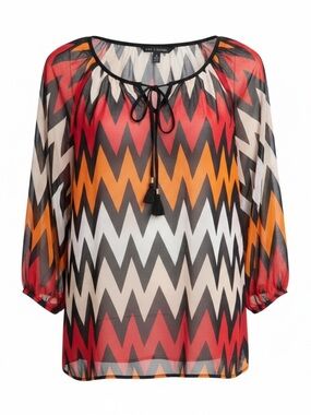 Zac & Rachel Chevron Peasant Blouse in Red, Orange, Black & White